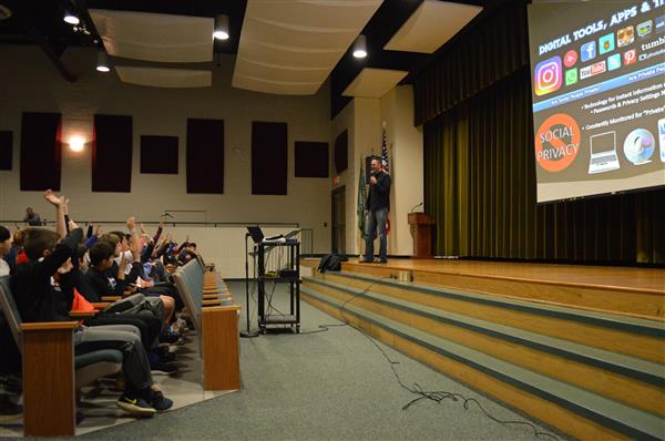 Richard Guerry talks to students at Stetson Middle School about developing a digital consciousness 